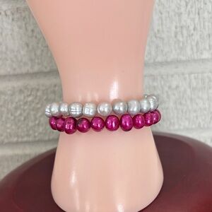 Set of 2 Genuine 8mm Fuchsia & Gray Dyed Pearl Stretch Bracelets 6.5" - 7.5"